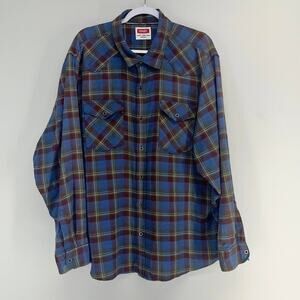 Wrangler Cloud Flannel Button Down Shirt Mens 2XL Blue‎ Plaid Long Sleeve Work